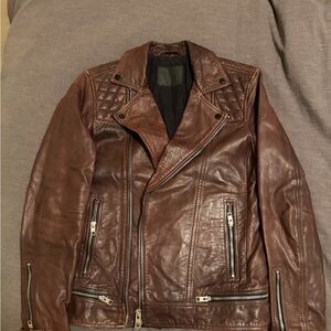 All saints Brown Leather Moto Jacket - Classic Men’s Biker Coat